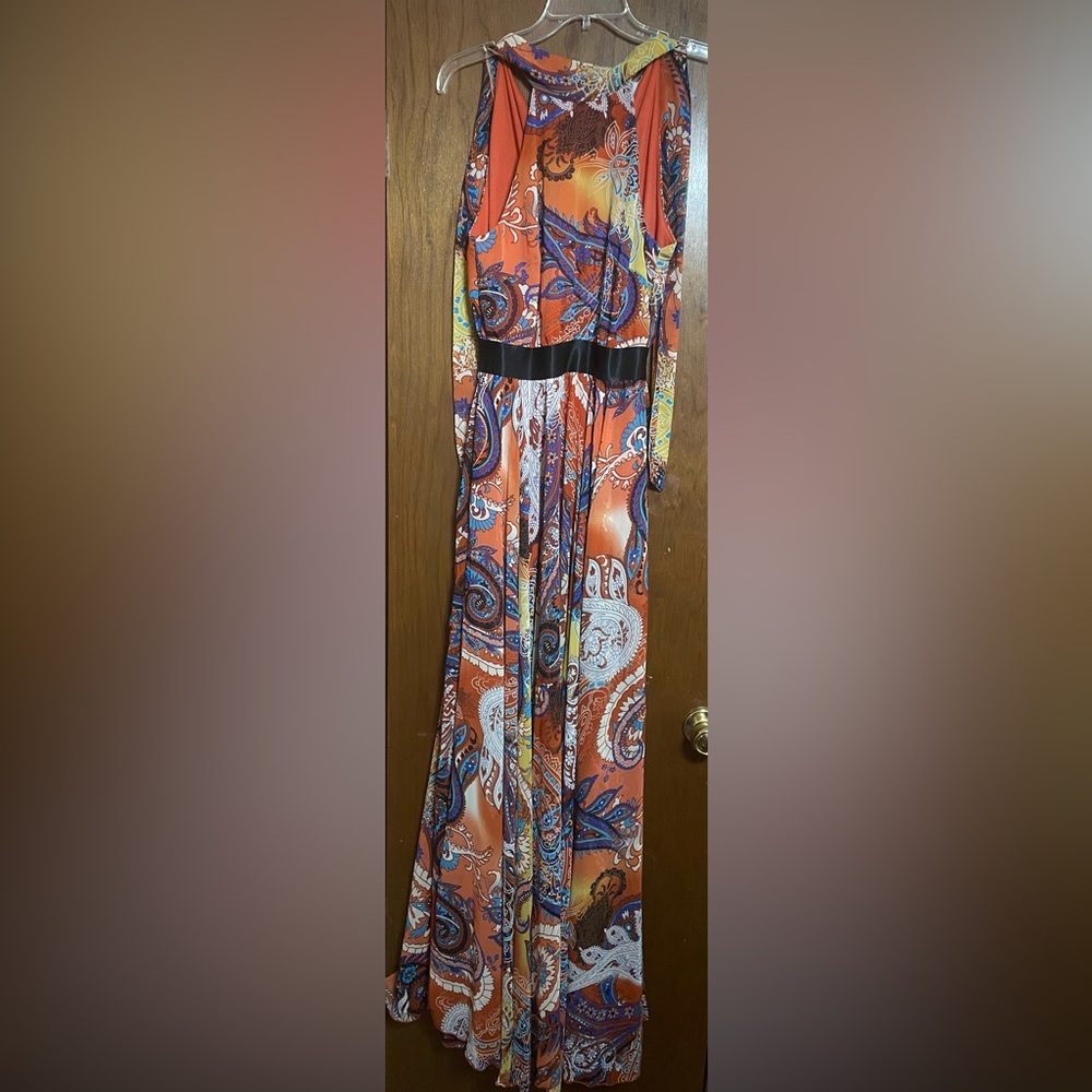 Va Va Voom Resort Orange and Blue Halter Maxi Dress
